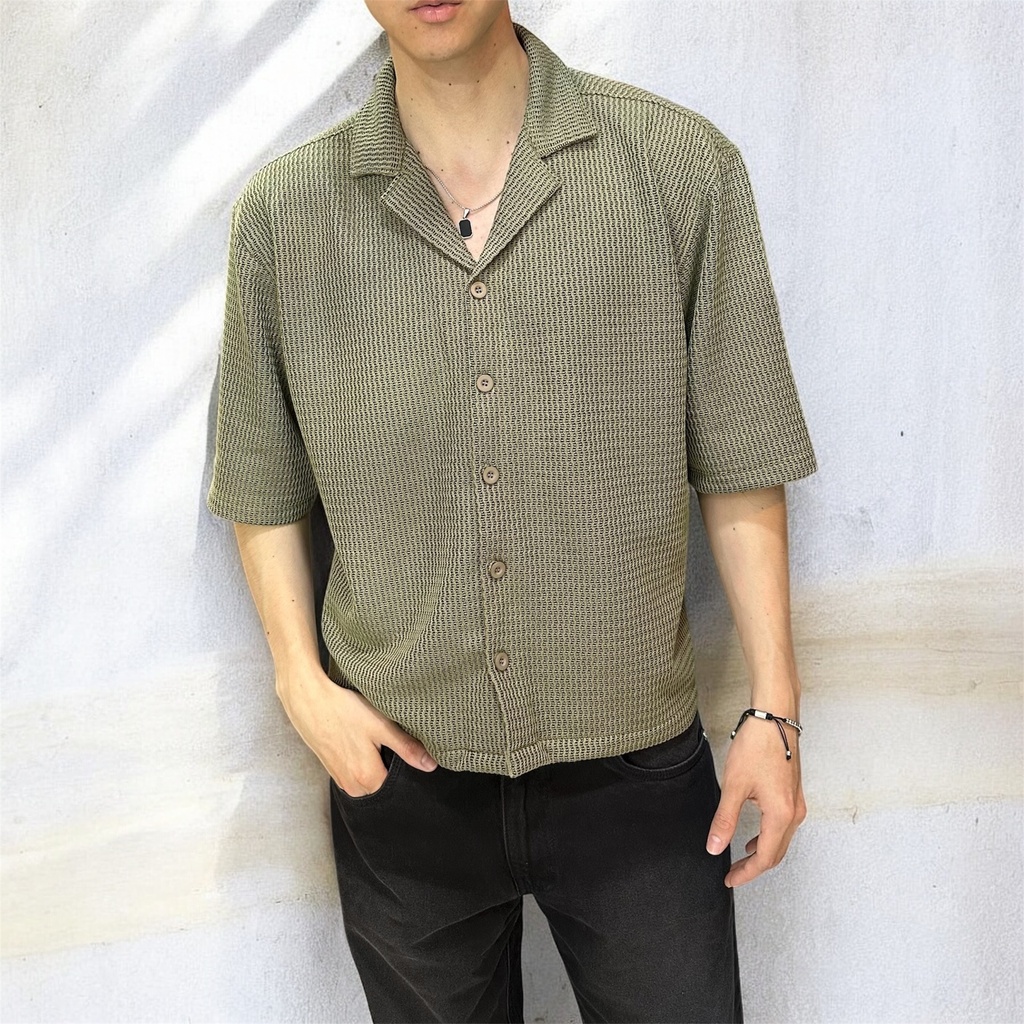 CAMISA CUBANA BOXY VERDE OLIVO