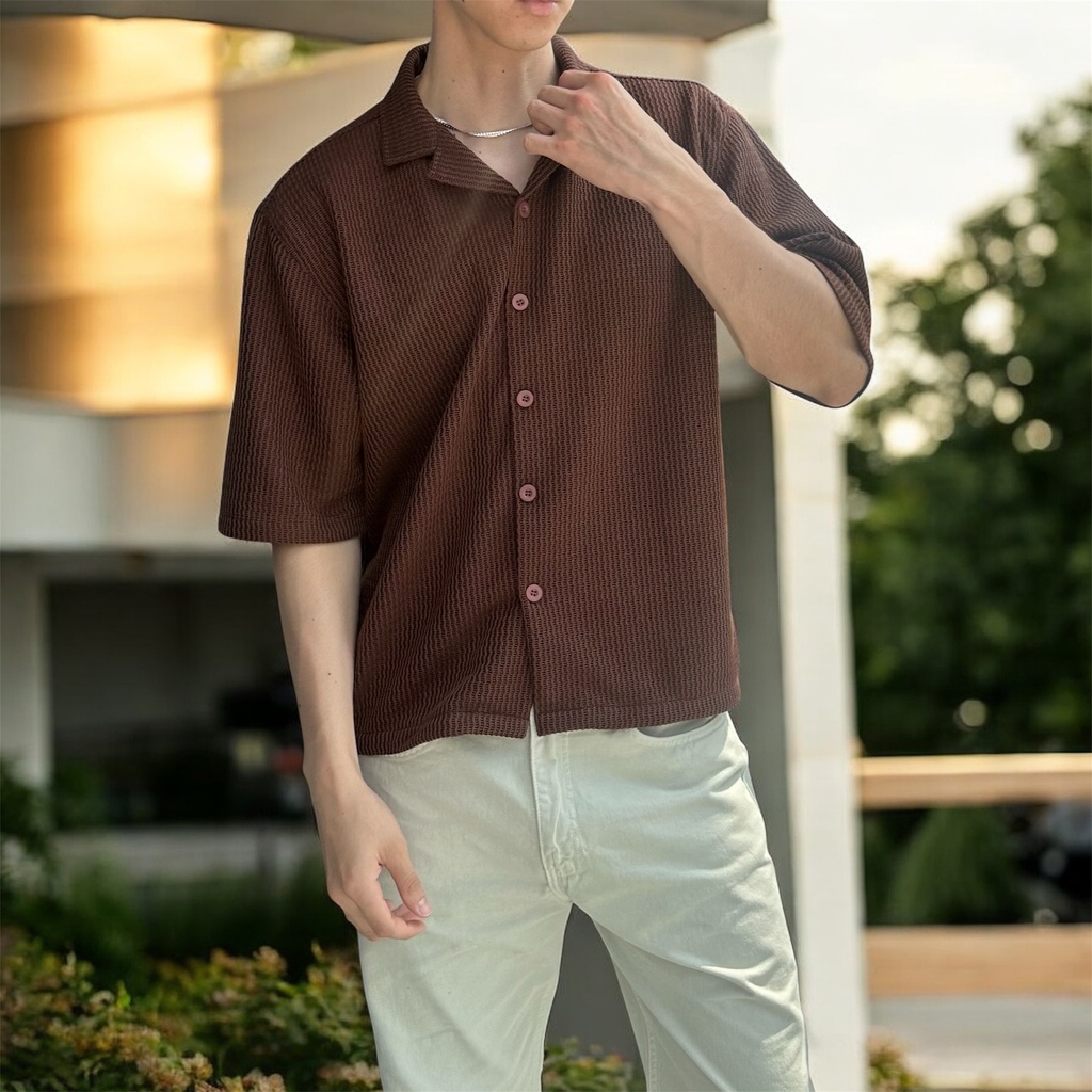 CAMISA CUBANA TEXTURA TEJIDA   MARRON